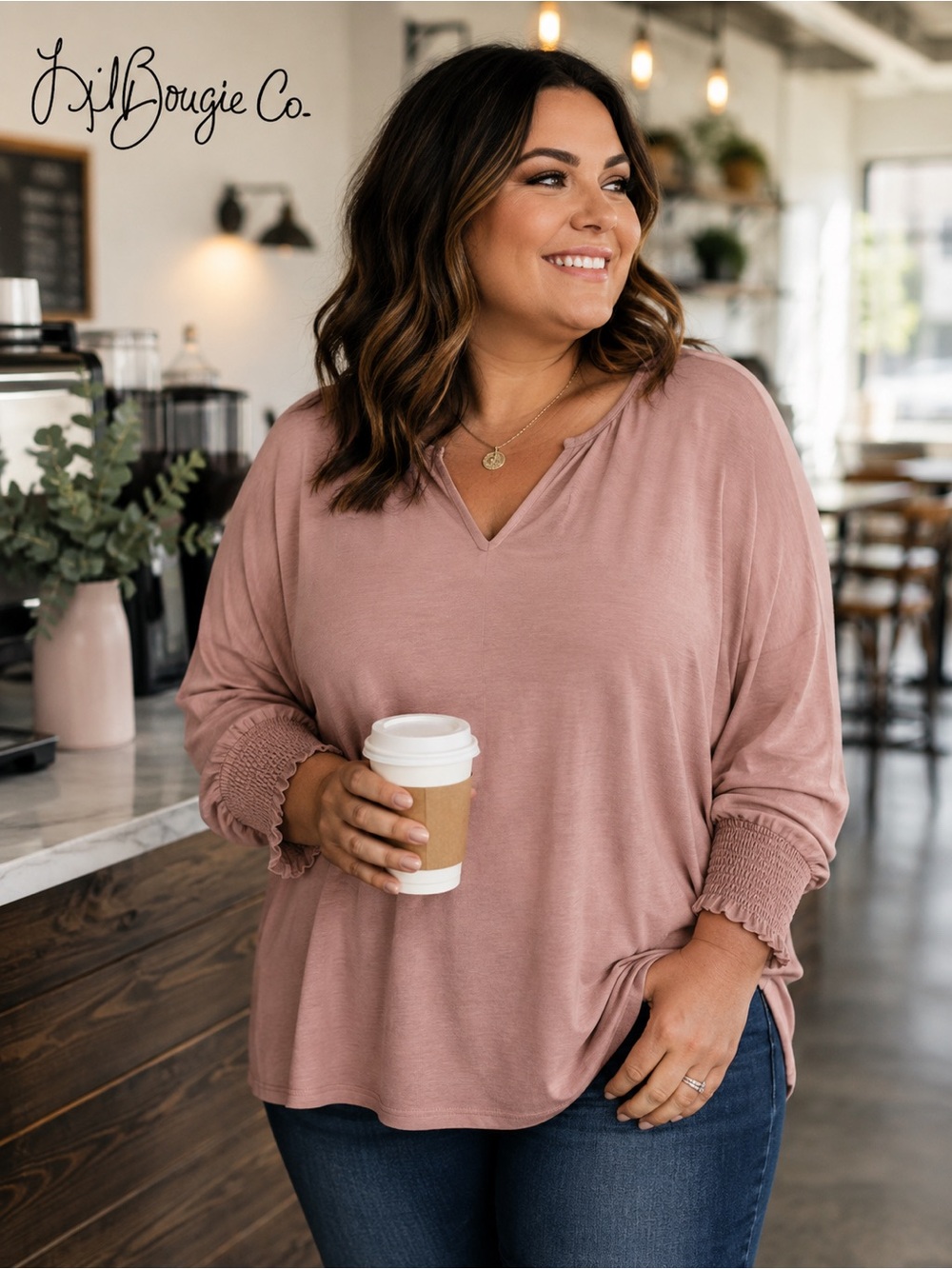 Mauve Pink V-Neck Smocked Cuffed Sleeve Blouse - Size XL